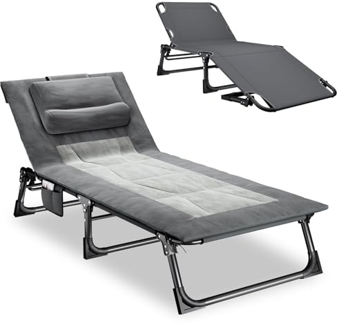 Mopaicot Foldable Sun Lounger with Padded Mattress and Pillow | Adjustable 4 Position; Reclining Garden Chair; Lounge Chair Sleeping Bed; for Garden, Beach, Pool, or Patio; Grey