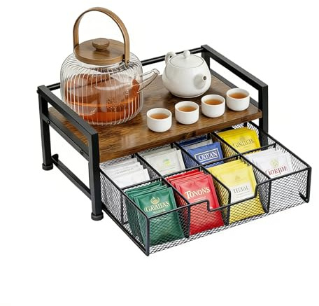 Teebeutel-Organizer aus Holz, Teebeutelhalter mit Schublade, Tee-Aufbewahrungsbox mit 8 Fächern, Teedosen-Organizer für die Küchenarbeitsplatte, Holz und Metall