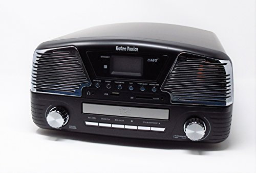 Retro Fusion (TM) Belt-Driven 3-Speed Portable Vinyl 4in1 Turntable Music System with CD MP3 Player PLL AM FM Radio AUX in USB SD Card Encoding Built-in Stereo Speakers (black)