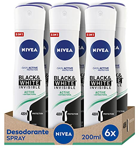 NIVEA Black & White Invisible Active Spray en pack de 6 (6 x 200 ml), desodorante antimanchas de cuidado femenino, desodorante invisible para proteger la piel y la ropa