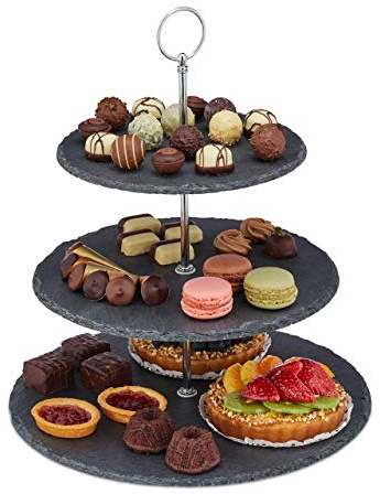 Relaxdays 4X Alzata in Ardesia, 3 Piatti per Dolci, Snack e Frutta, Centrotavola con Manico in Metallo, Antracite Argento