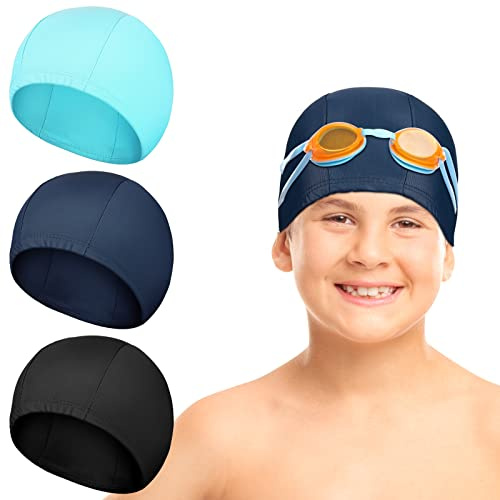 3 Pcs Kids Polyester Swim Caps Fabric Swimming Hat for Kids Flexible Nylon Long Hair Bathing Cap for Girls and Boys(Plain Pattern,Black, Navy Blue, Lake Blue)