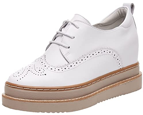 ANUFER Women's Genuine Leather Platform Hidden Wedge Heel Sneakers Lace-Up Brogue Casual Shoes White SN070508 EU37
