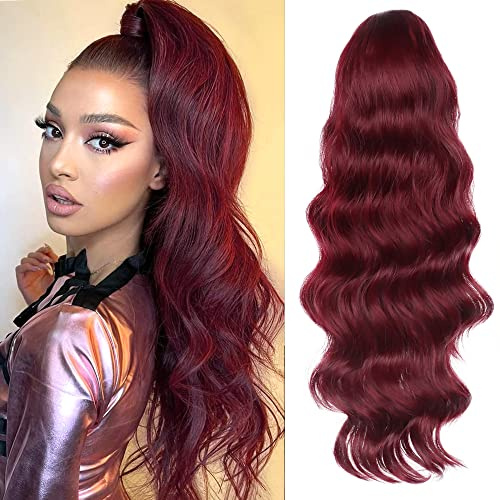 YEESHEDO Vino tinto Coleta Postiza Larga Extension Coleta Rizada con Cordón Sintética Ondulado Postizos de Pelo para Mujer 60cm
