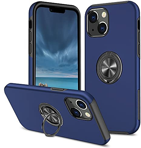 EYZUTAK Case for iPhone 14, 360 Degree Rotation Magnetic Metal Finger Ring Holder Magnet Car Holder Inner Silicone with Camera Protection Glossy Anti-drop Hard Cover - Blue