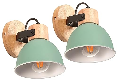 iDEGU 2 Pezzi Applique da Parete Rétro Vintage Orientabile Lampada da Parete Interno in Legno Ferro Industriale Plafoniere E27 Illuminazione Faretto da Parete per Soggiorno Camera da Letto (Verde)
