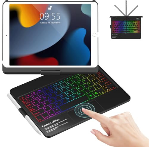 GAOJIE Funda Teclado iPad 9 Generación con Touchpad con Giratorio 360°y Soporte para Lápiz, 7 Colores Retroiluminado Español Ñ Bluetooth Trackpad Teclado para iPad 10.2 9ª/8ª/7ª Generación(Negro)