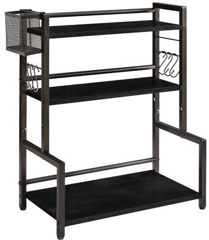 YMYNY Kitchen Spice Rack with Wire Basket, Countertop Shelf for Cabinet, Desktop Organiser with 6 Hooks, Storage Seasoning Rack for Spices, Jars, Oil Bottles, Black HSR006B