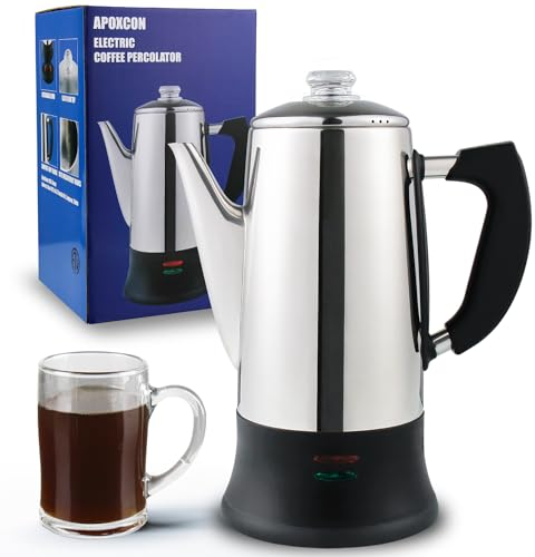 APOXCON Electric Coffee Percolator Stainless Steel Coffee Maker with Heat Resistant Tough Glass Clear Brew Progress Knob, Keep Warm & Cordless Serving Classic Coffee Pot with On/OFF Switch 12 Cup