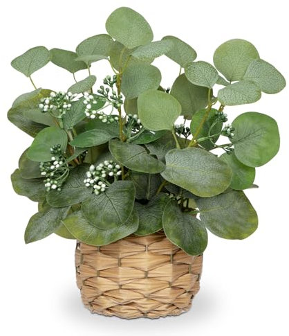Briful 12.5 Artificial Eucalyptus Plant in Woven Cane Pot, Silk Eucalyptus with Seeds Artificial Plants Indoor, Fake Plants in Pot for Bathroom Home Decorations