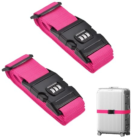 Koffergurt mit Schloss Pink, 2 Stück Gepäckgurt Einstellbare kofferband Gurt Koffer Gurtband koffergurt kreuzgurt mit Namensschild & Adressschild (Rosenrot)
