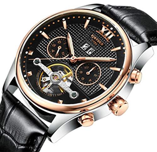 HFWXYSA Orologio Uomo Orologio Luminoso Orologio Meccanico Automatico con Cinturino in Pelle Orologi Tourbillon Design Uomo da Polso,Nero