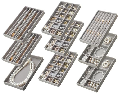 SPAKOWN Jewelry Drawer Organizer Inserts Set of 9, Velvet Jewelry Trays for Drawers, Storage for Earring, Ring, Necklace, Watch, Bracelet (Grey)