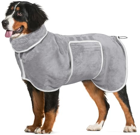Dog Bathrobe Towel Drying Coat - Super Absorbent Dog Towels Bath Robe for Drying Dogs Large, Soft Adjustable Collar & Belly Strap Fast Drying Coat Pet Dog Cat Bath Robe Towel (Grey, Small)