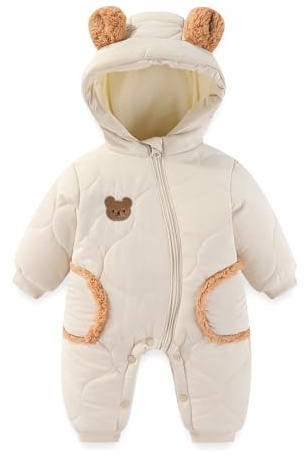 JiAmy Baby Snowsuit Winter Romper Hooded Boys Girls Jumpsuit Bear Thick Windproof Infant Newborn Clothes 9-12 Months White