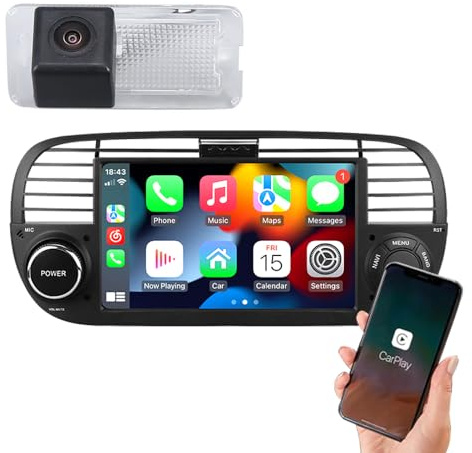 Auto Radio GPS Carplay/Android Navi Navigation Autoradio 7 Zoll Bildschirm +HD Nachtsicht Auto Rückfahrkamera, Ersatz für FIAT 500/Abarth 500 2007-2020/Fiat 500C/595C/695C/312C/Linea 2008-2022