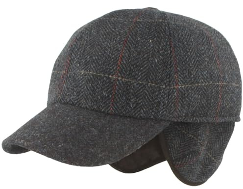 Breiter Winter Baseballcap Schirmmütze Baseball Kappe ausklappbarem Ohrenschutz Basecap aus Wolle - Blau Fischgrät Karo 65