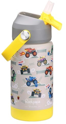 rockpapa 14oz Kids Stainless Steel Water Bottle with Straws, Trucks