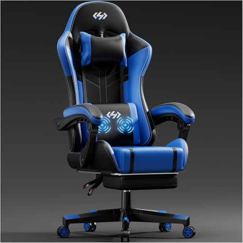 HLFURNIEU Silla Gaming con Masajeador, Silla Gamer Ergonómica con Cojín Lumbar Masajeador y Reposapiés, Sillón Gamer Altura Ajustable, Cadeira Gaming Negro y Azul