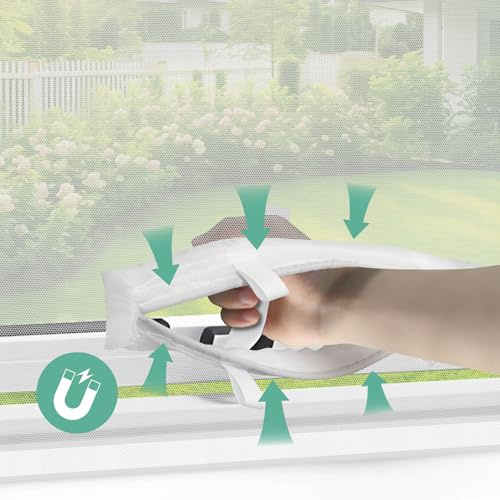 REDTRON DIY Window Screen with Magnetic Opening (1 Piece, White), 130cm*150cm Self-Adhesive Fly Screen for Windows with Magnetic Opening, Adjustable Mosquito Window Net Keep Bugs/Flies Out