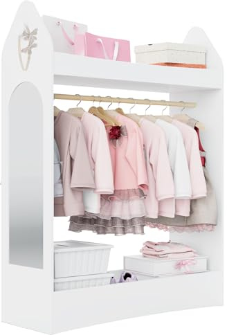 Hironpal Kid Dress Up Storage with Mirror Kids Wardrobe Dressing Up Rail Open Hanging Costume Armoire Closet Pretend Storage Organizer Children Clothes Center for Girl Bedroom (rocket,no drawer,white)
