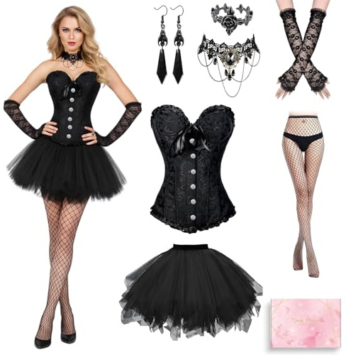 TOSZOLY Corsetti Donna Halloween e Gonne Tulle Gotiche, Corsetti Pizzo e Accessori Gotici, Collane, Orecchini, Anelli, Corsettis Vintage per Rave Party e Cosplay di Halloween (XL)