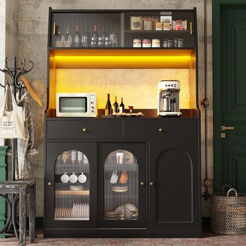 Vepssder Buffet Cuisine Rangement (120×40×180cm),vitrine,avec éclairage LED,étagères réglables et 2 tiroirs,Buffet Salle à Manger,Noir