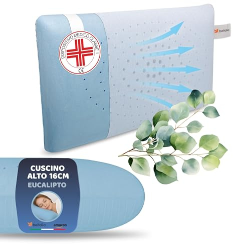 BELTALIA Cuscino Cervicale Alto 16 cm Aromaterapico Antirussamento – Dispositivo Medico Classe 1 Detraibile – Traspirante – Fodera Jersey – Made in Italy - (Eucalipto Jersey, 73X43 H16)