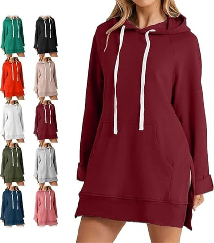 The Warmy Oversized Hoodie Dress,Casual Oversized Hoodie Dress For Women,Long Sweatshirt Hooded Dress,Pullover Long Sweatshirt Split Hem With Pockets,Fall Winter Clothes (Wine Red, L)