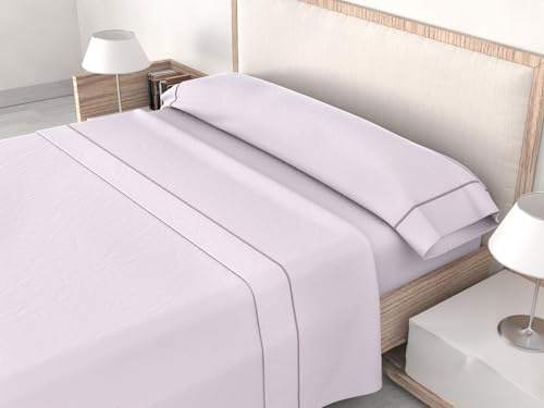 ROOMERS Juego de Sábanas Lisas 3 Piezas 144 Hilos, 50% Algodón / 50% Poliéster, con Vivo y Cenefa, Sábana Bajera Ajustable, para Colchón hasta 200 cm (Malva, Cama 150cm + 1 Funda Almohada)