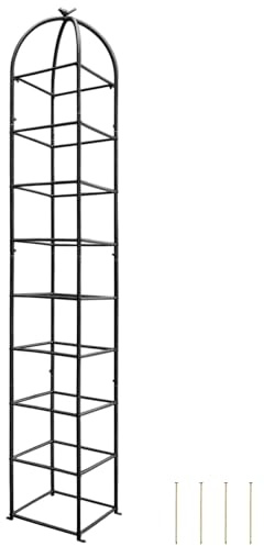 Heavy Duty 8.4 FT Garden Obelisk Trellis for Climbing Plants Outdoor, Rust-Resistant Large Metal Plant Support Tower with Bird Topper & Ground Stakes, Yard Art Decor for Roses Clematis Vines (Black)