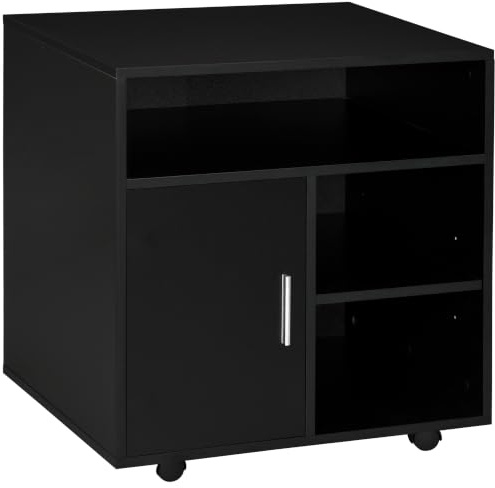 HOMCOM Mobile Porta Stampante con Ruote a Freno 60x50x65.5 cm Nero | Mobiletto per Stampante, Armadietto Anta Soft Close, 3 Scomparti Aperti, Ripiano Regolabile, Multiuso Ufficio Studio