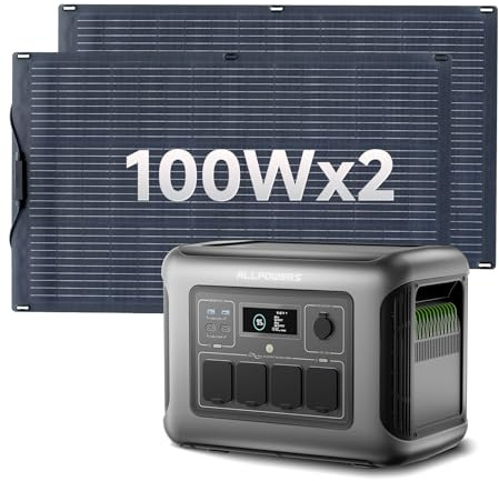 ALLPOWERS R1500 LITE generador solar portatil 1600W (pico 3200W)/1056Wh Batería LiFePo4,MPPT 650W max,SAI<15ms,Carga Solar/Red/Coche,para Hogar Emergencias Exteriores (R1500 LITE+SF100*2-100W)