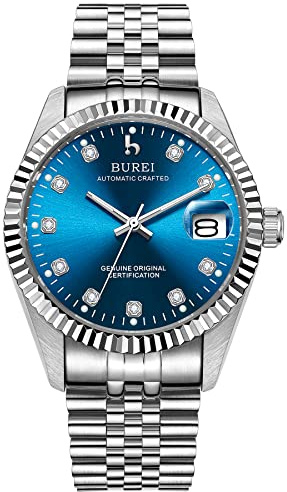 BUREI Herren Uhren mechanische Automatik Armbanduhr Dunkelblau-dial mit Saphirglaslinse Datum Kalender Silbernes Edelstahlband für Mann
