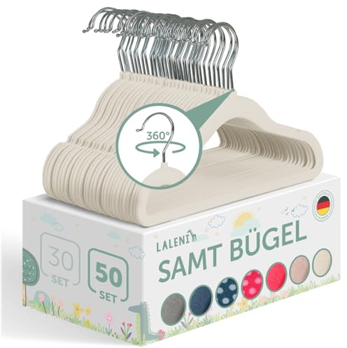 Laleni Kinderkleiderbügel 50 Stück mit Samtbezug - platzsparende Kleiderbügel Kinder - 360° drehbare Kinder Kleiderbügel - rutschfeste Kleiderbügel samt Kinder - Kleiderbügel samt Weiß - Elfenbein