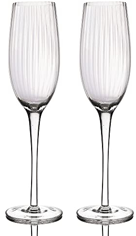 BarCraft Ribbed Champagne Flutes, Set of 2 Handmade Glasses in Gift Box, 200ml