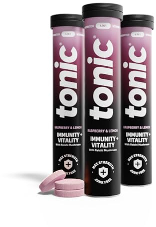 Tonic Health Immunity & Vitality Tablets - 4-in-1 Effervescent Multivitamins and Nutrients - Vitamin D, Vitamin C and Zinc - Vegan, No Sugar- Max Strength Tablets, Raspberry & Lemon, 60 Count