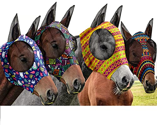 Frienda 4 Pieces Horse Fly Masks with Ears Face Covering UV Protection from Insect Pests Elasticity Smooth Comfortable Mesh Horse Mask Accessories(Geometric,Medium)