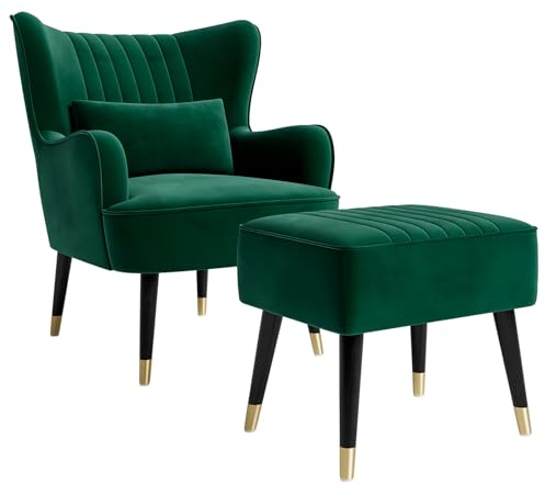 Vesgantti Velvet Armchair with Footstool and Lumbar Pillow, Modern Wing Back Accent Chair with Ottoman, Large Cuddle Chair for Living Room Bedroom Study Room Office(Green)