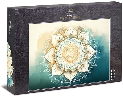 Ulmer Puzzleschmiede - Mandala-Puzzle Aquarell 1000 Teile - Feines Weißes Mandala Motiv im Stile Sanfter Wasser-Farben - Premium Qualität Made in Germany