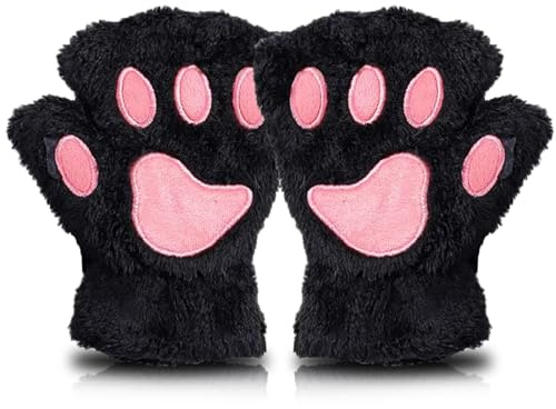 AffeGifts Guanti Senza Dita Donna, Peluche Guanti a Zampa di Gatto Carino Mezzo Dito Guanti Mezze Dita Donne Guanti Donna Invernali Guanti da Gatto Cosplay per Donne e Ragazze Adolescenti (Nero)
