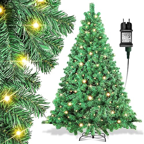 Ikodm Julgran konstgjord med belysning, 210 cm grön PVC automatisk julgran med 400 LED varm vit ljuskedja och metallstativ, brandsäker