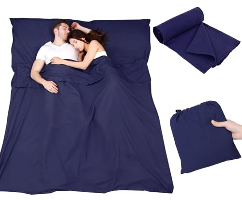 Plliocse Sleeping Bag Liner Travel Sheet Sleeping Bag, Double Size 160 x 210 cm Sleeping Bags Liners with Pillow Pockets for Adults, Travel, Hotels, Business Trip, Camping (Navy Blue, 160cm x 210 cm)