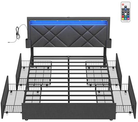 VASAGLE Bett 140 x 200 cm, Polsterbett, Doppelbettgestell, LED, Bettgestell, Metallbett, 4 Schubladen, Ladestation, verstellbares gepolstertes Kopfteil, hellgrau-Mattschwarz RMB827G01