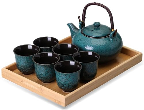 Japanische Porzellan Teeservice, 760ml Teekanne und 6 Tasse 110ml Kungfu Tee Services, Chinesische Teeservice aus Keramik, Asiatische Teekanne Tee Set, Geschenk für Teeliebhaber (Tannengrün)