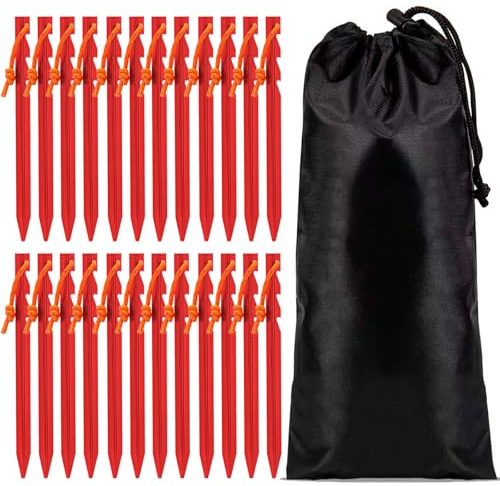 Tent Stake Pegs, 24 Aluminum Tent Stakes with Reflective Wind Cord, Tent Pegs Three Pronged Design, Hard and Stable, Portable Tent Stakes, Made for Camping (Red)