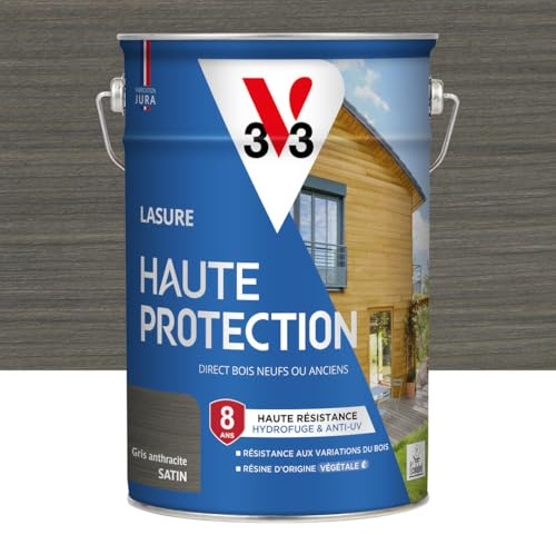 V33 Lasure Bois extérieur Gris anthracite satin - Haute Protection 8 ans - Haute résistance hydrofuge et anti-UV - Résiste aux variations du bois - Ecolabel, résine d'origine végétale - 5L