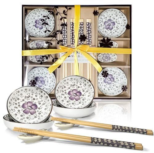Finsink Sushi Geschirr 4 Personen 12 Pcs Keramik Dipschalen Set Runden Pflaumenblüte Muster Sushi Servier Set Perfekt als Geschenke für Paare oder Geburtstag