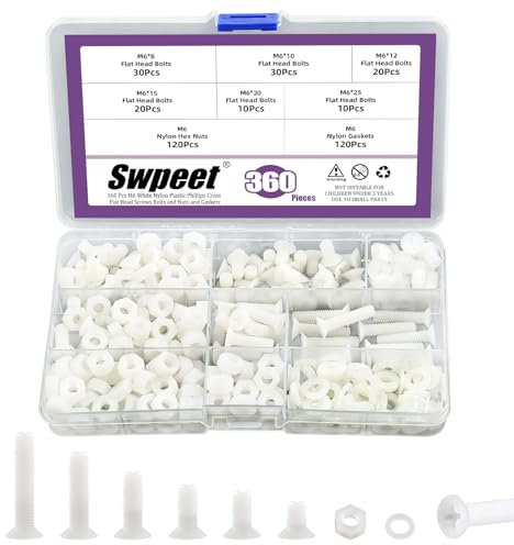 Swpeet 360 tornillos de cabeza plana Phillips de nailon blanco M6 de 6 tamaños con tuercas y juntas, tornillos de cabeza plana avellanados de nailon, tornillos de máquina de nailon roscado, longitud 8