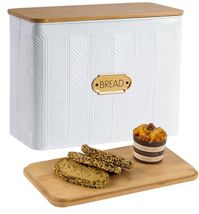 HOME PALETTE Extra Large Bread Box for Kitchen Countertop Corner Breadbox for Homemade Bread Metal White Diagonal Stripe Pattern Embossed Storage Container Bin with Bamboo Lid Fits 2 Loaves of Bread
